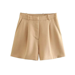 TRZA Women Fashion Side Pockets Front Darts Bermuda Shorts Vintage High Waist Zipper Fly Female Short Pants Mujer - 3KDyn