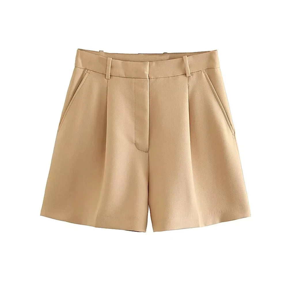 TRZA Women Fashion Side Pockets Front Darts Bermuda Shorts Vintage High Waist Zipper Fly Female Short Pants Mujer - 3KDyn