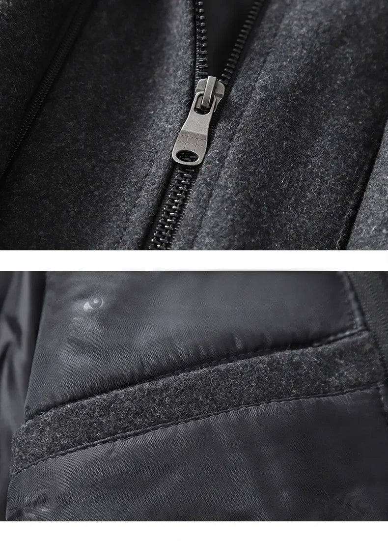 Close-up of a black jacket with a zipper and stitching detail.