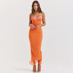 Mesh bodycon midi dress – orange, spaghetti straps, ruched | 3KDyn