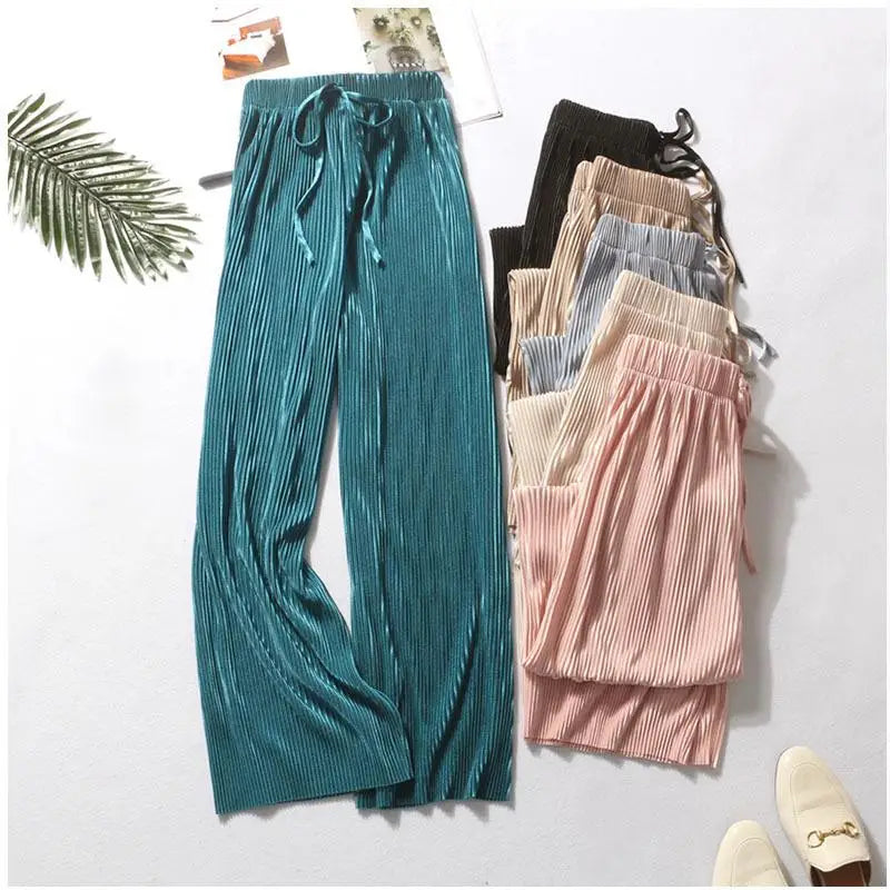 Women Fashion Summer Wide Leg Pants Pleated Ice Silk Trousers Elastic Waist Loose Casual Pants - 3KDyn