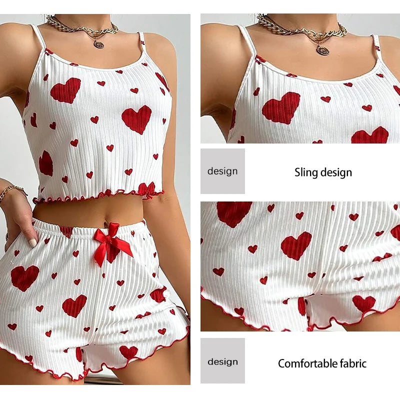 Women’s Heart-Print Pajama Set – 2-Piece Cami Top & Shorts - 3KDyn