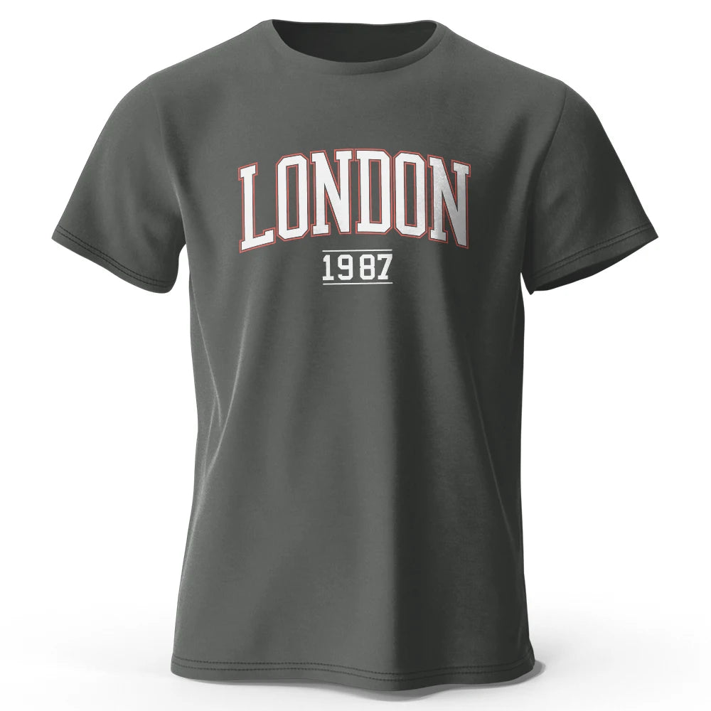 A gray men's t-shirt with 'LONDON 1987' printed in white and red on the chest.