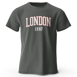 A gray men's t-shirt with 'LONDON 1987' printed in white and red on the chest.
