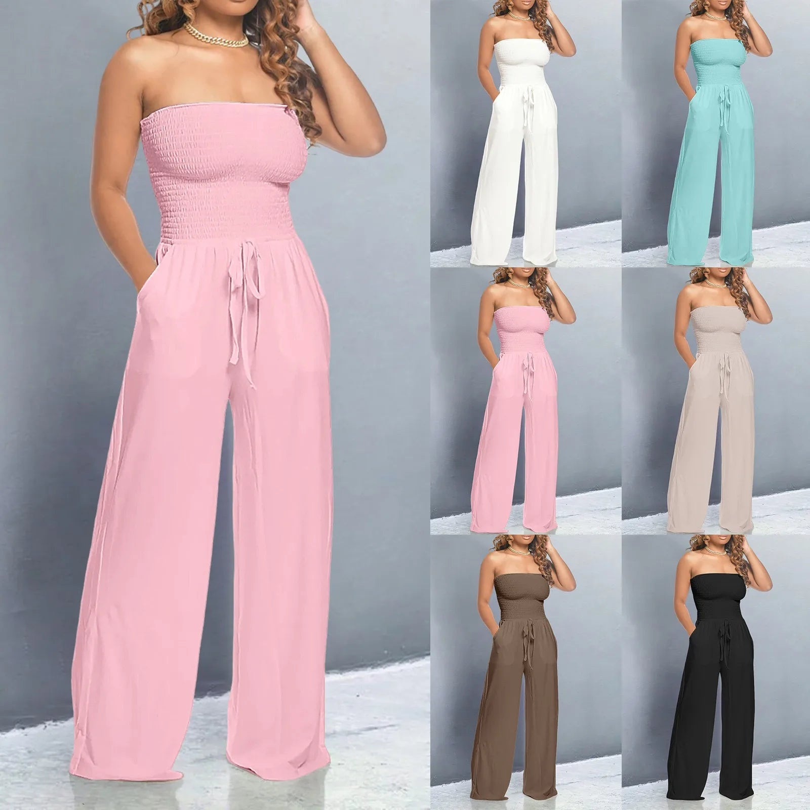Women’s Strapless Wide‑Leg Jumpsuit with Lace‑Up Front - 3KDyn