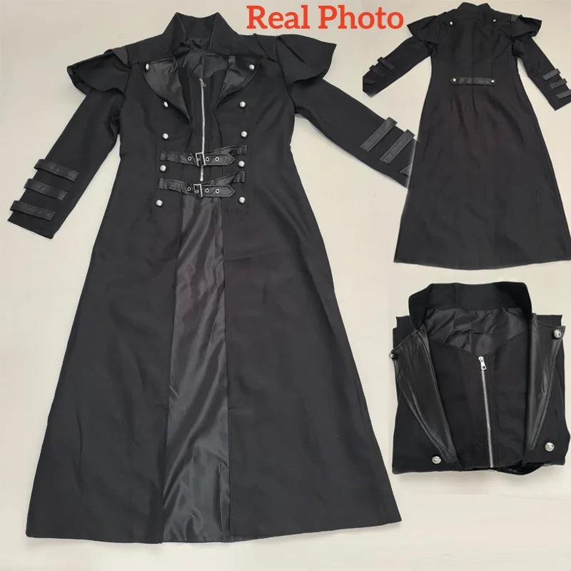 Black steampunk costume set with gothic coat and mask for men