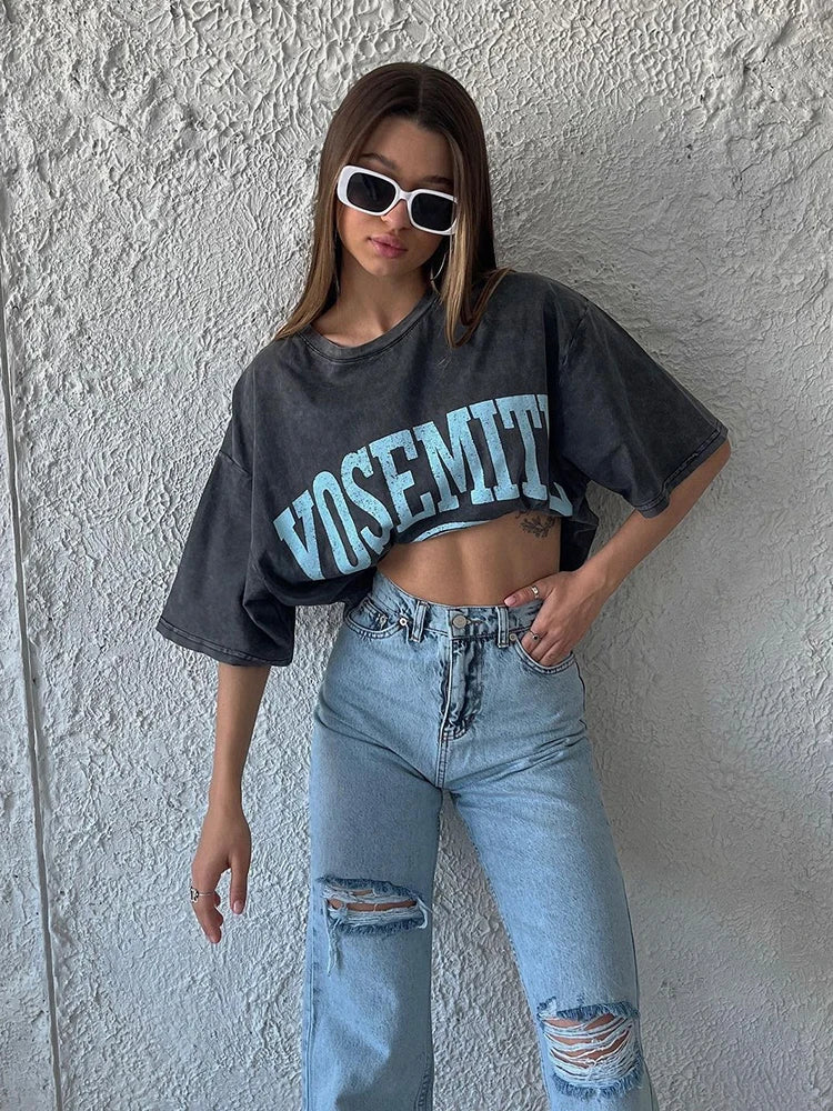 Washed Graphic Long Sleeve T-Shirt – Vintage Oversized Streetwear for Women - 3KDyn