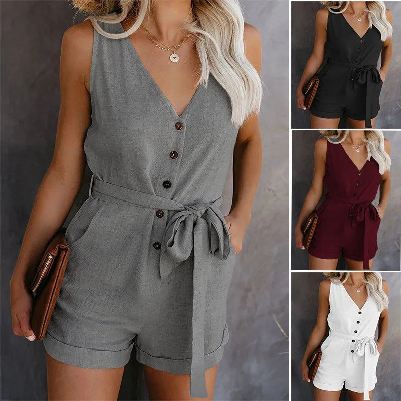 Woman wearing a gray romper with button details, surrounded by smaller images of other rompers in black, red, and white.
