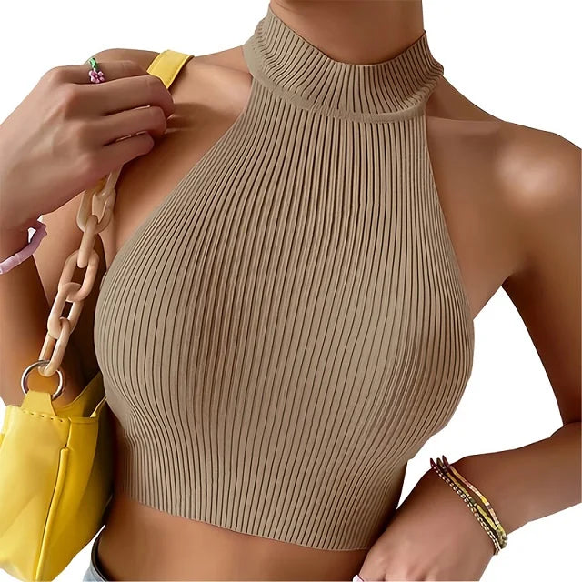 Sleeveless Ribbed Knit Halter Crop Top – Solid Slim Fit with High Neck for Women - 3KDyn