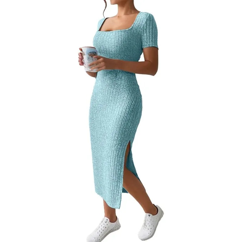 Summer Square Neck, Hip-Hugging Mid-Length Skirt, Short-Sleeved, Versatile Knitted Slit Dress - 3KDyn