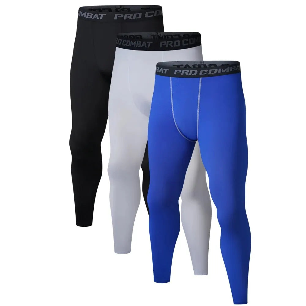 Three pairs of men's running leggings in black, white, and blue colors, displayed frontally against a white background.