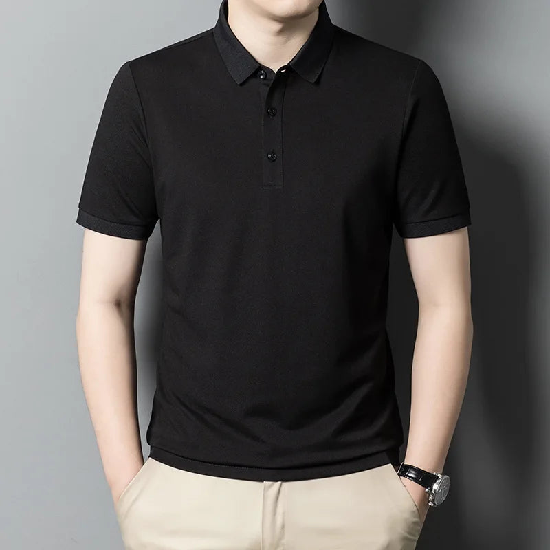Summer Ice Silk Polo Shirt High-End T-Shirt Solid Color New Half Sleeve Non-Marking Casual Lapels Business Thin Menswear - 3KDyn