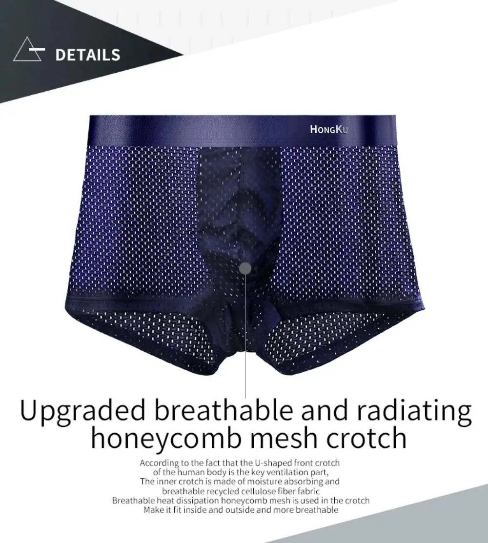 Navy blue men's underwear with honeycomb mesh on a white background