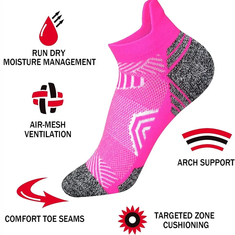 Pink and gray sock with features labeled on a white background