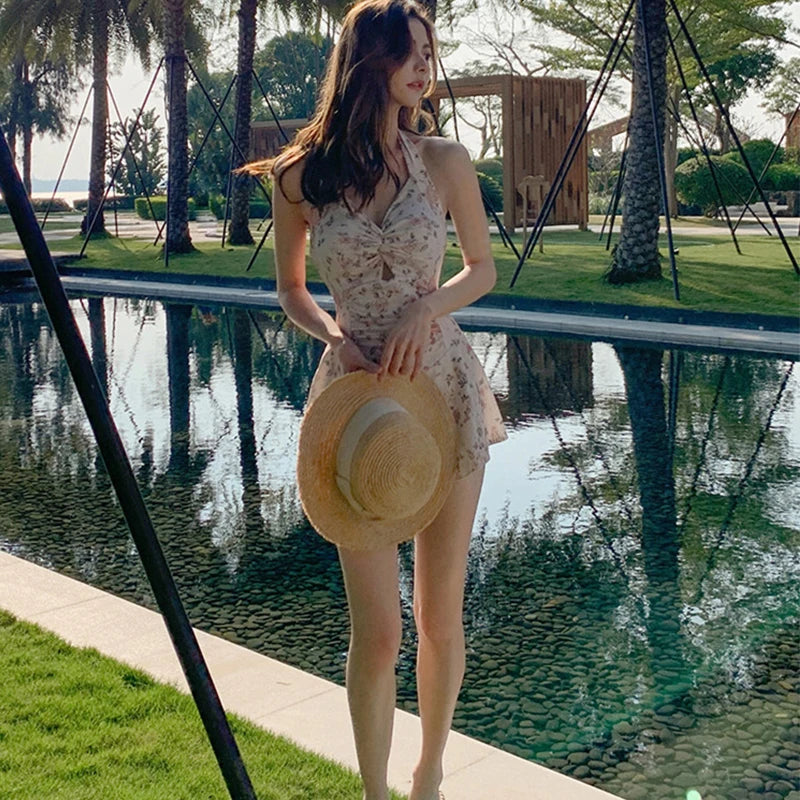 Women Hanging Neck Sweet Cute Swimwear Sexy One-piec Beach Wear Swim Suit Beach Dress Swimsuit High Waist Bathing Suit For Girls - 3KDyn