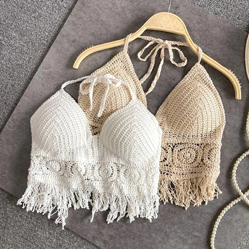 Sexy Boho Beach Holiday Camisole Halter Women Crochet Knit Swimsuit Bra Backless Vest Hollow Tassel Tank Top Women's Crop Tops - 3KDyn