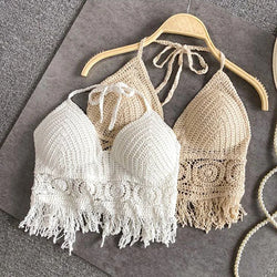 Sexy Boho Beach Holiday Camisole Halter Women Crochet Knit Swimsuit Bra Backless Vest Hollow Tassel Tank Top Women's Crop Tops - 3KDyn