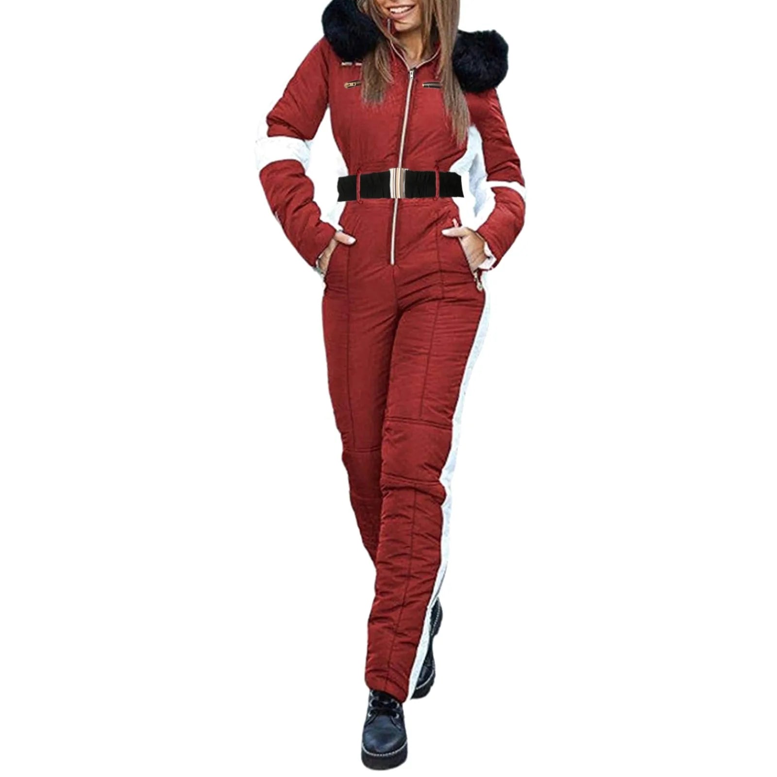 Women’s Winter Ski Jumpsuit – One-Piece with Fur Collar, Waterproof & Insulated - 3KDyn