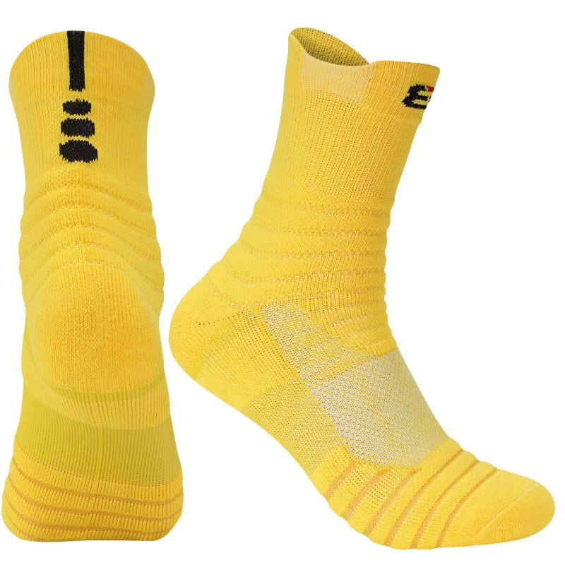 Yellow socks with black accents on a white background