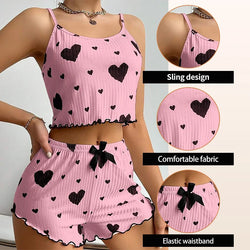 Women’s Heart-Print Pajama Set – 2-Piece Cami Top & Shorts - 3KDyn