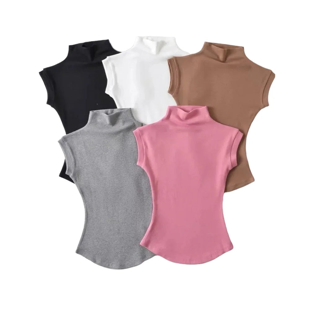 A collection of sleeveless turtleneck tops in various colors including black, white, brown, gray, and pink. | 3KDyn