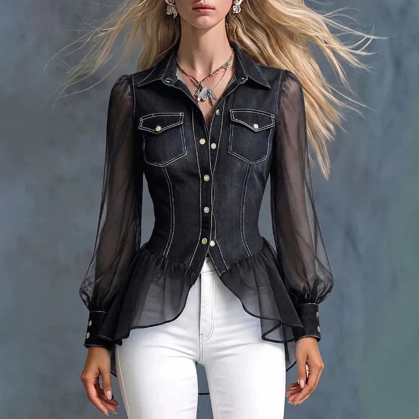 Women’s Denim-Look Long Sleeve Blouse