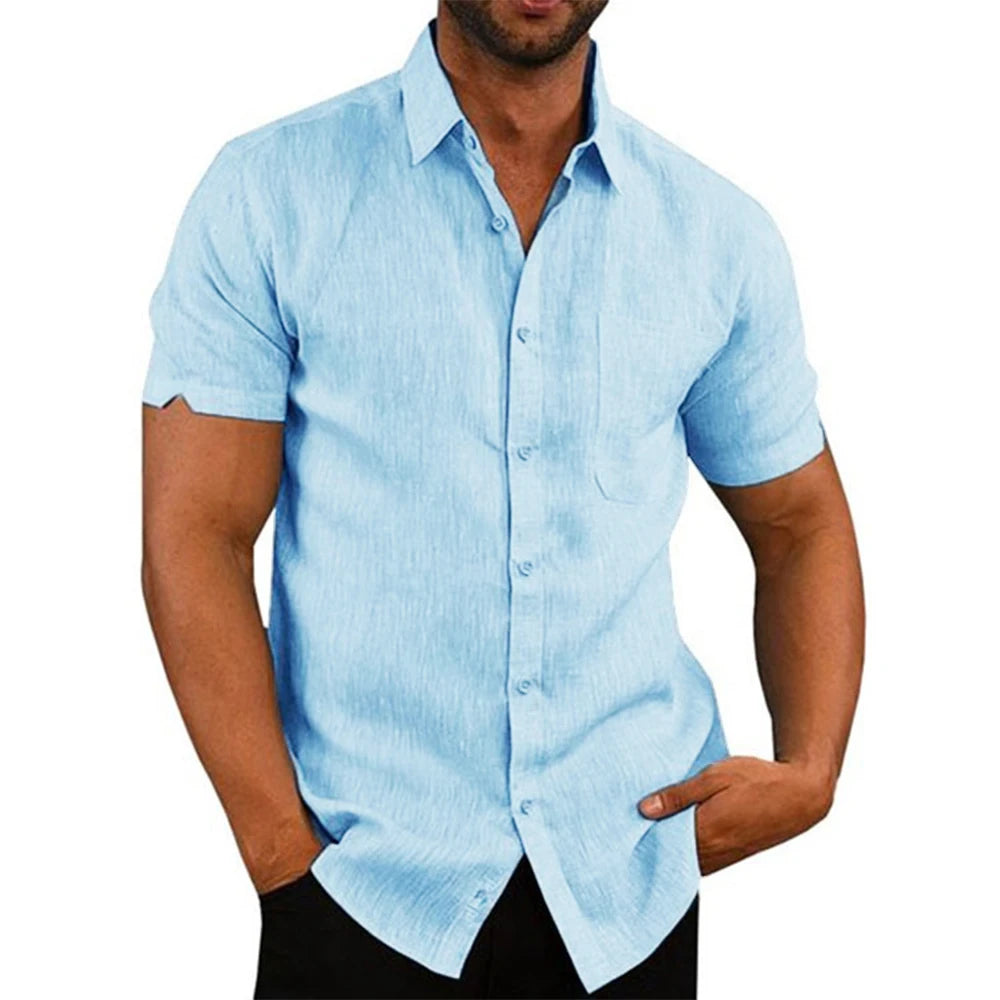 Men’s short‑sleeve cotton‑linen button‑up shirt in light blue – 3KDyn