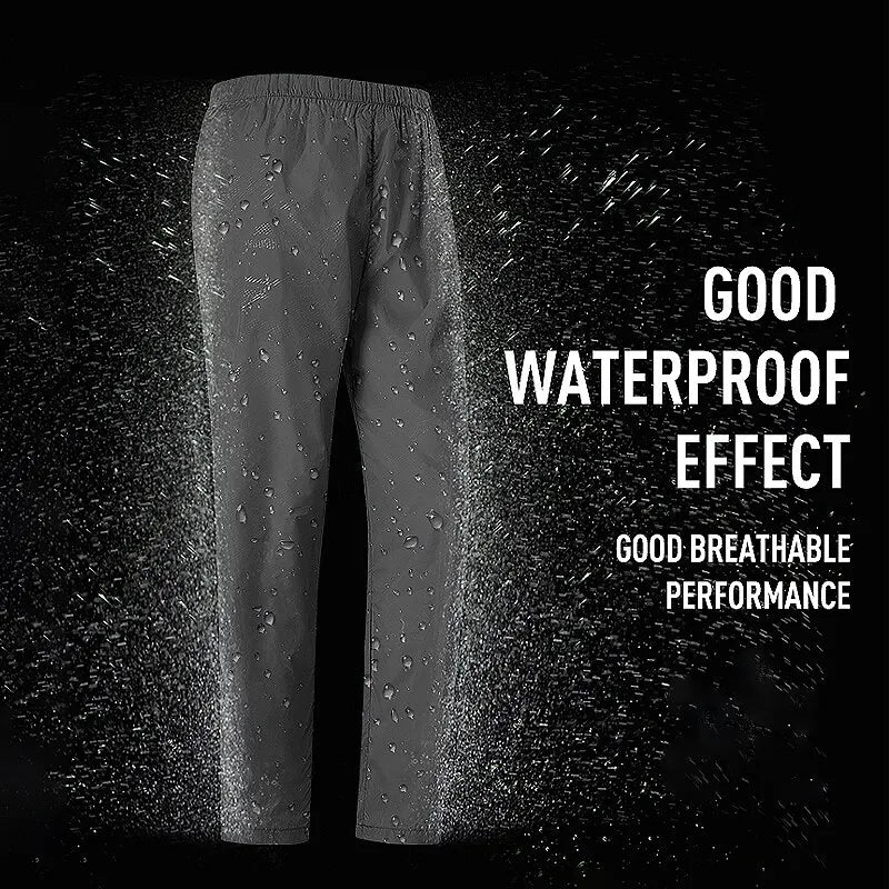 Gray waterproof pants on a black background with water droplets, text 'Good Waterproof Effect' and 'Good Breathable Performance'.
