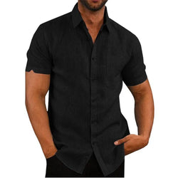 Details of men’s cotton‑linen short‑sleeve button‑up shirt—collar, fabric texture, fit | 3KDyn