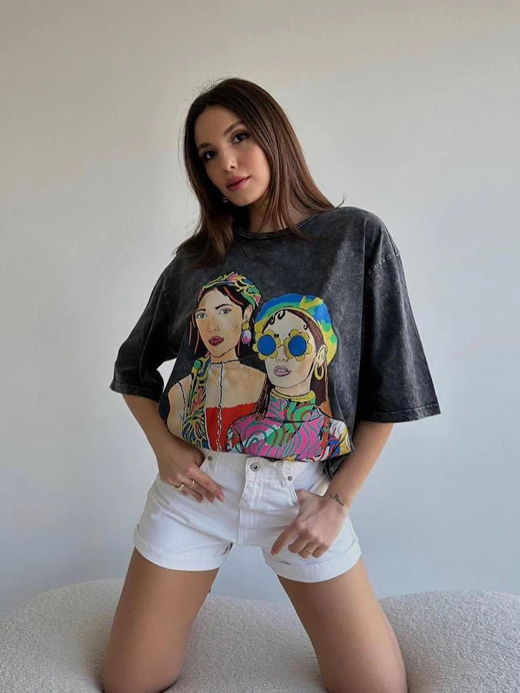 Washed Graphic Long Sleeve T-Shirt – Vintage Oversized Streetwear for Women - 3KDyn