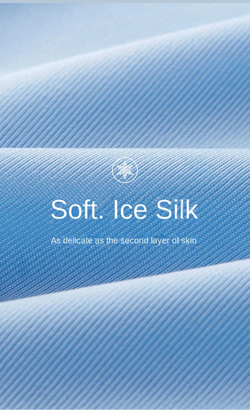 Text on a blue textured background describing 'Soft. Ice Silk' fabric.
