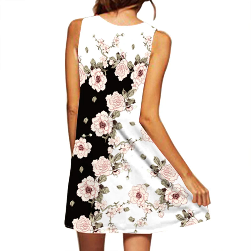 Floral dress with black and white pattern on a white background