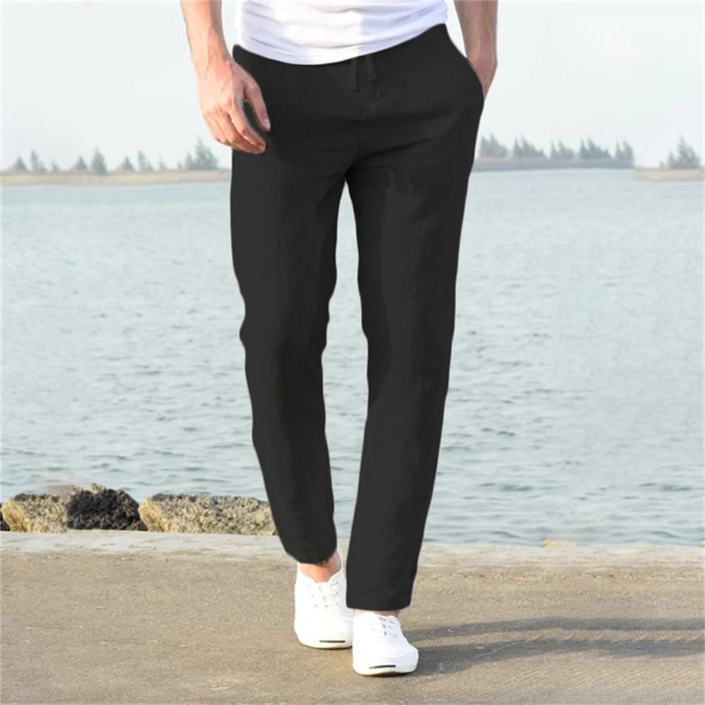 Men's Cotton Linen Straight Pants - Breathable Summer Trousers with Elastic Waist - 3KDyn