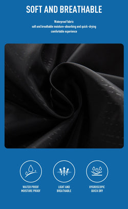 Black fabric with text and icons on a blue background