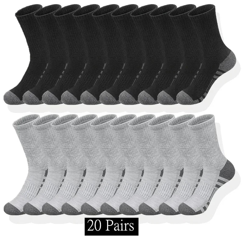 20 pairs of black and gray socks on a white background