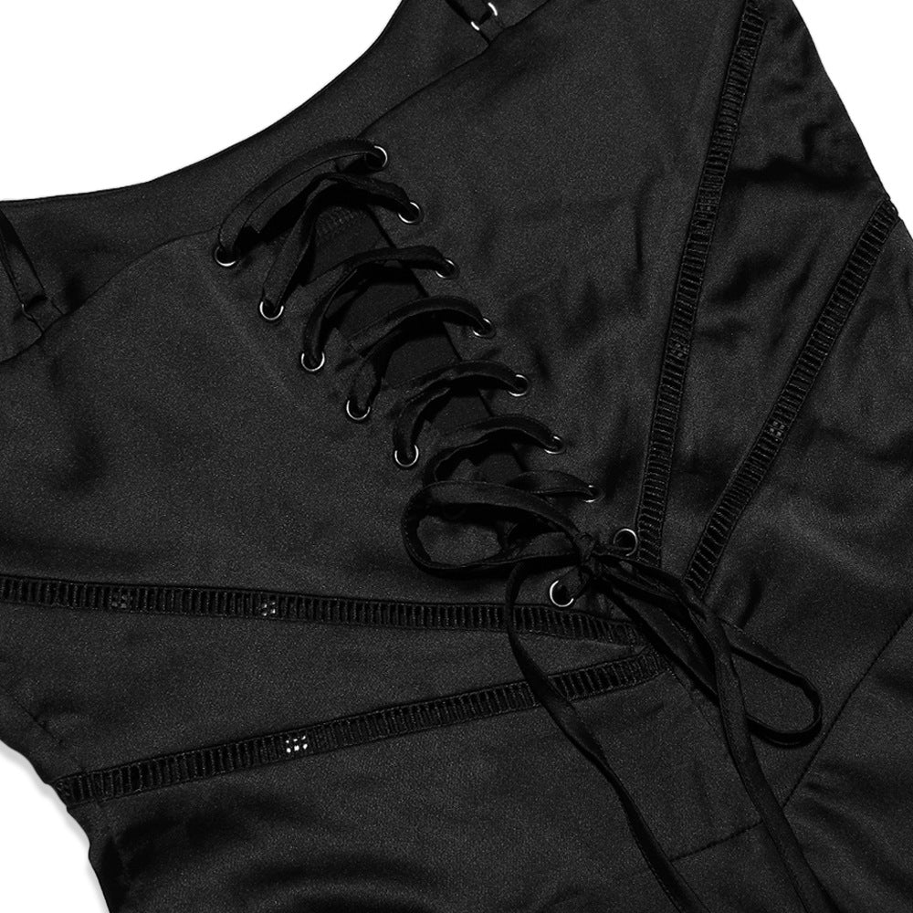Black lace-up top on a white background