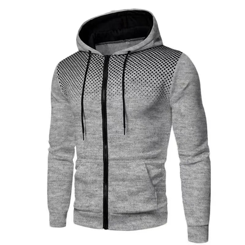 Gray hoodie with black geometric pattern on a white background