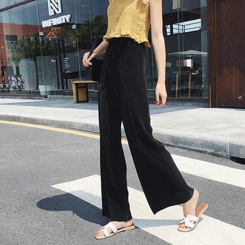 Women Fashion Summer Wide Leg Pants Pleated Ice Silk Trousers Elastic Waist Loose Casual Pants - 3KDyn