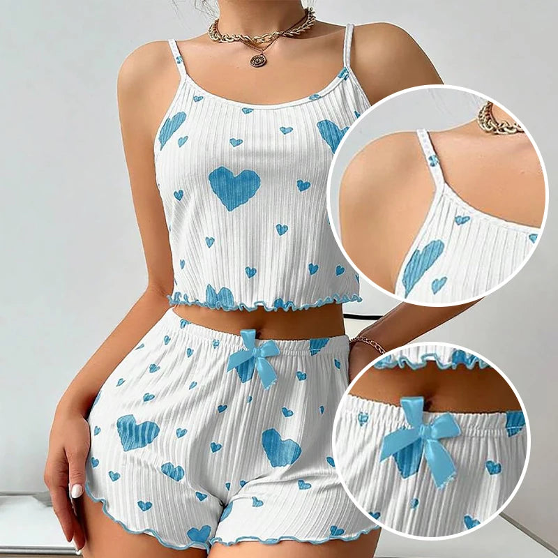 Women’s Heart-Print Pajama Set – 2-Piece Cami Top & Shorts - 3KDyn