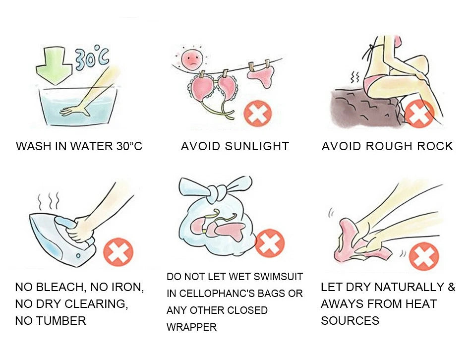 Illustrations and text guidelines for caring for a swimsuit, including washing instructions and precautions.