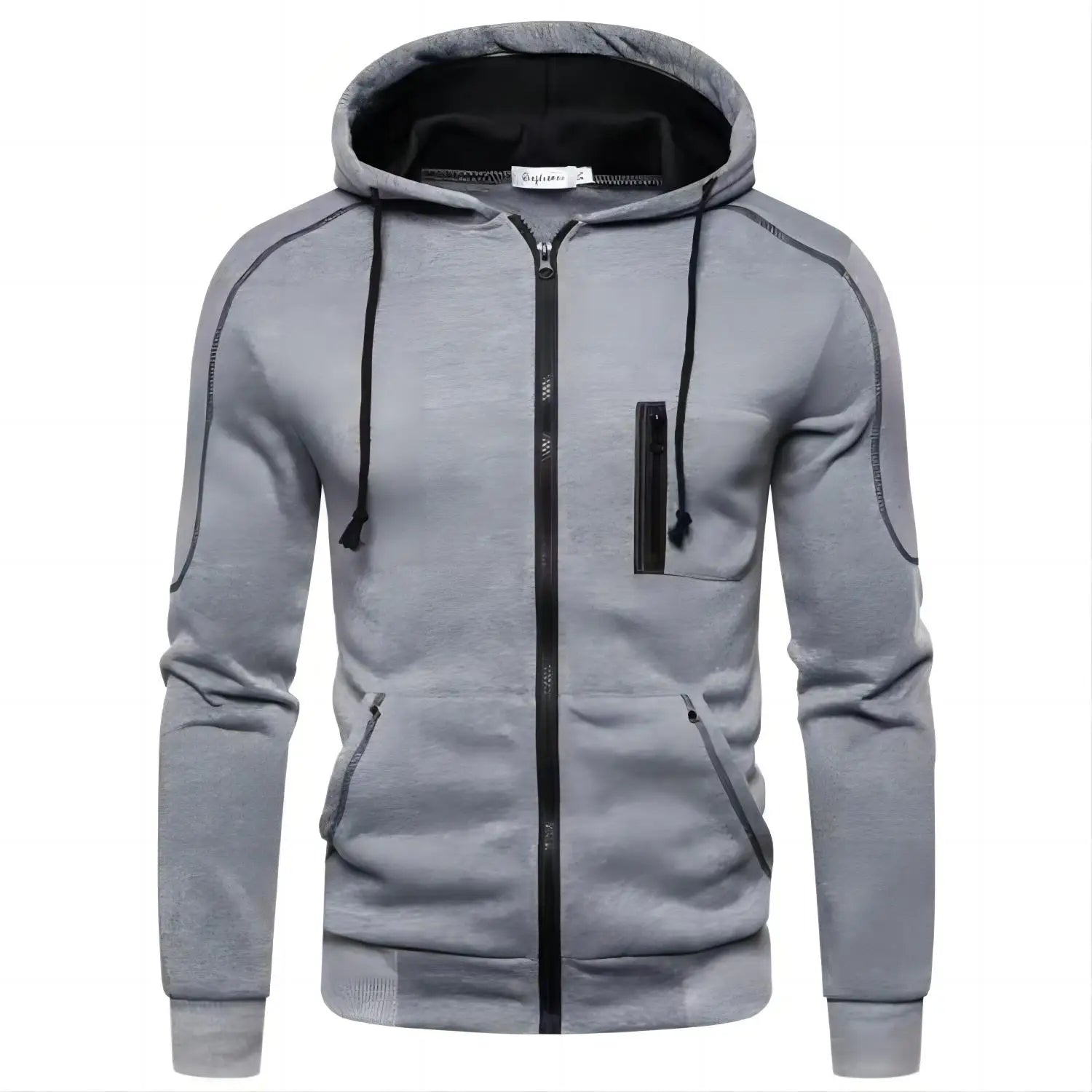 Gray zip-up hoodie with black zipper and drawstrings, front pockets, on a white background.