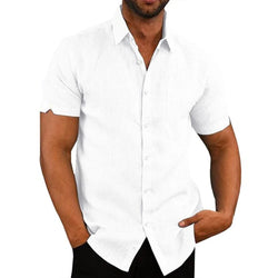 Details of men’s cotton‑linen short‑sleeve button‑up shirt—collar, fabric texture, fit | 3KDyn