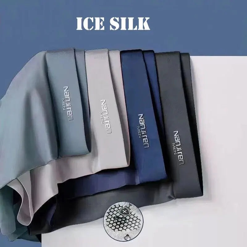 Set of NanJing Ice Silk fabrics in various colors on a blue background