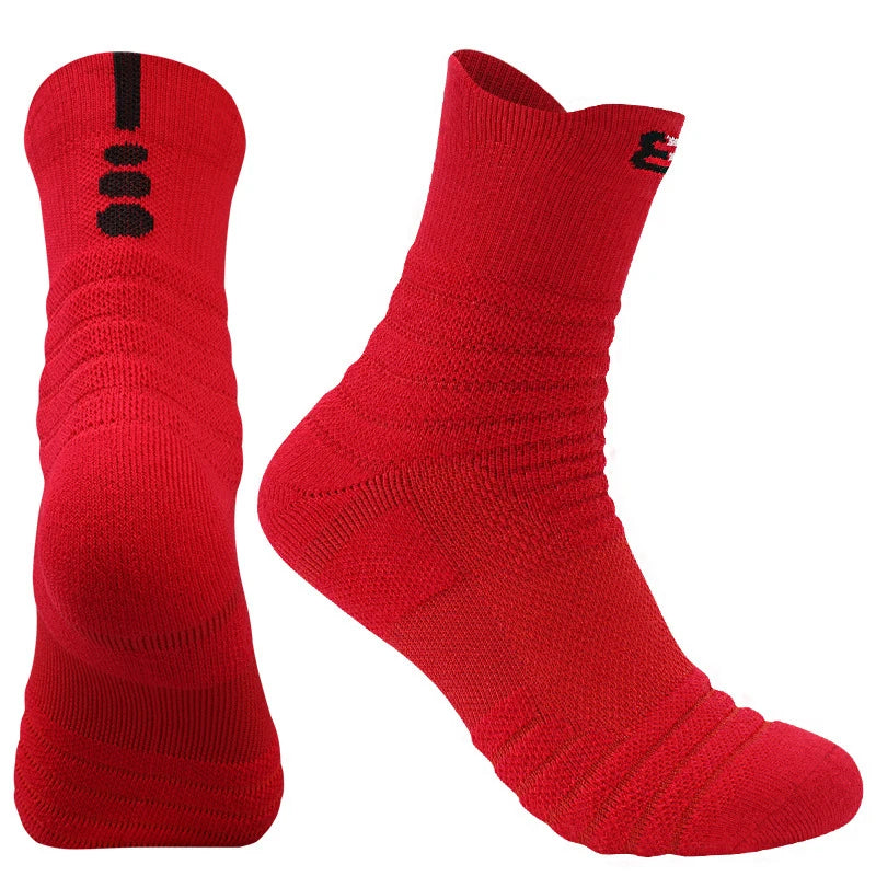 Red socks with black accents on a white background