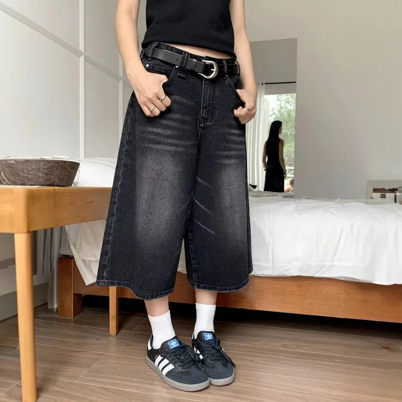 Harajuku Vintage High Waist Black Retro Washed Denim Shorts Women's Fashion Casual Loose Fit Y2K Streetwear Mid Long Short - 3KDyn