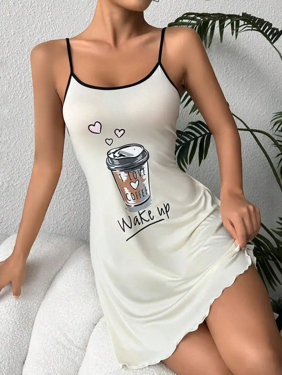White nightgown with coffee cup design and 'Wake Up' text on a white background
