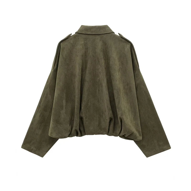 Women's oversized suede bomber jacket in green