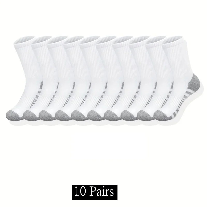 Pack of 10 pairs of white socks with gray toes and heels on a white background.