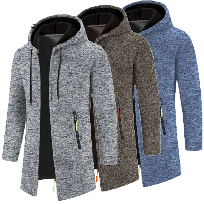 A collection of men's hooded sweatshirts in black, gray, and blue colors, featuring long sleeves and a zipper front.