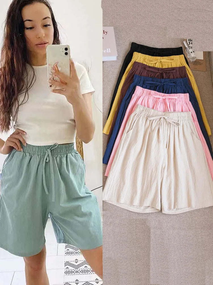2024 Women Cotton Shorts,Summer Casual Solid Two Pockets shorts high waist loose shorts for girls Soft Cool female shorts - 3KDyn